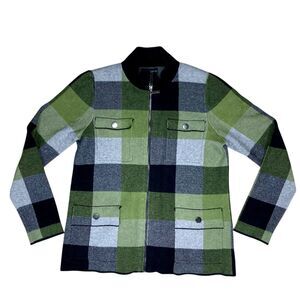 Cynthia Rowley Bomber Jacket Womens M Black Green Plaid Full Zip Comfort Classic